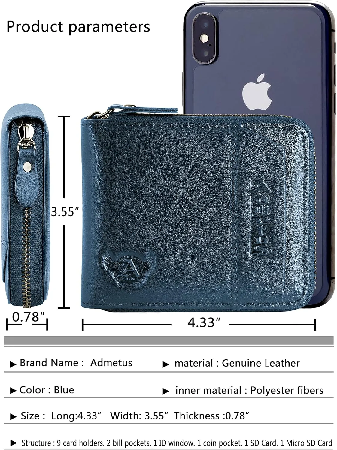 Admetus Men's Genuine Leather Short Zip-around Bifold Wallet