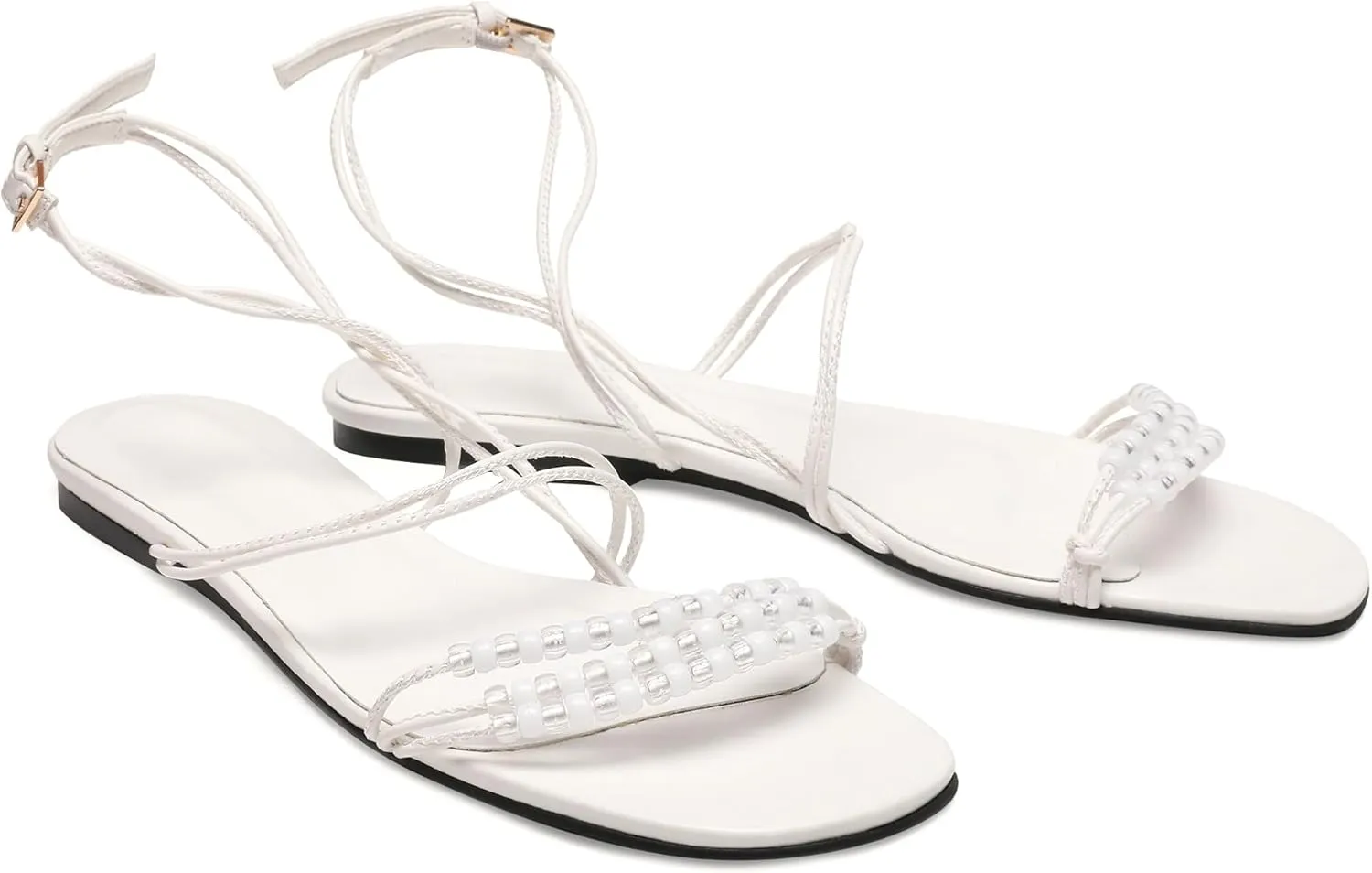 Beaded Flat Sandals for Women Ankle Strap Open Toe Slide Sandals Lace up Casual Summer Dressy Beach Sandals