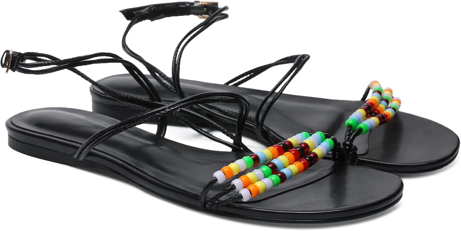 Beaded Flat Sandals for Women Ankle Strap Open Toe Slide Sandals Lace up Casual Summer Dressy Beach Sandals