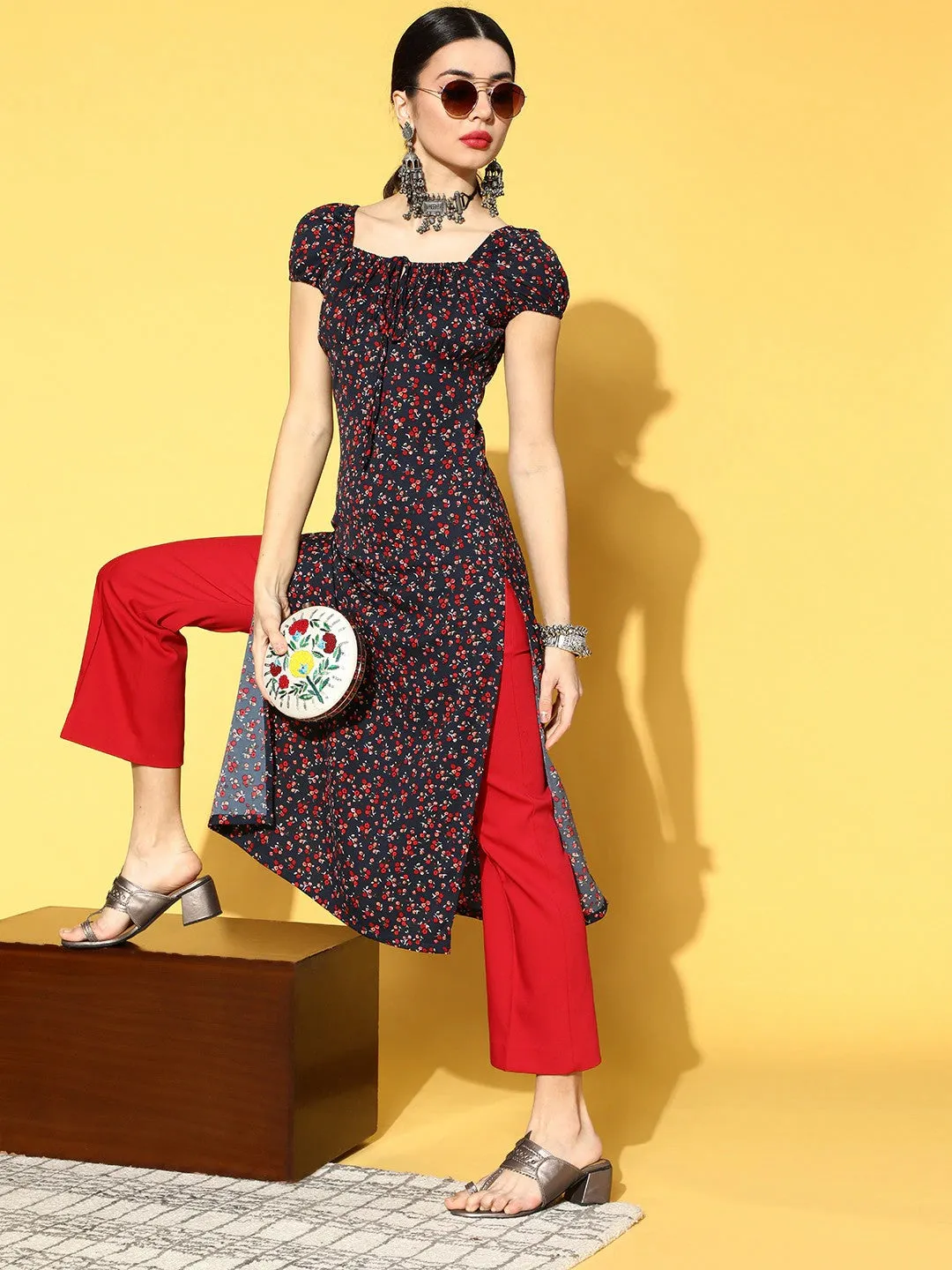 Berrylush Women Navy Blue & Red Floral Printed Tie-Up Neck Side Slited Calf Length Kurta
