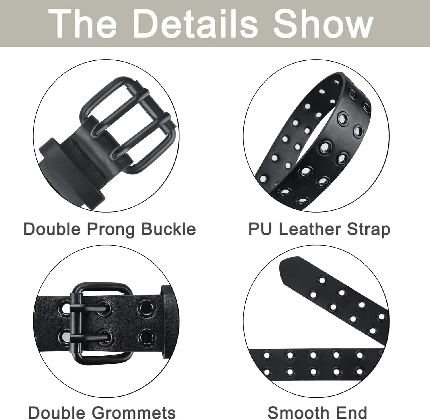 Grommet Leather Belts for Women, Black Belt Women Men with Double Holes