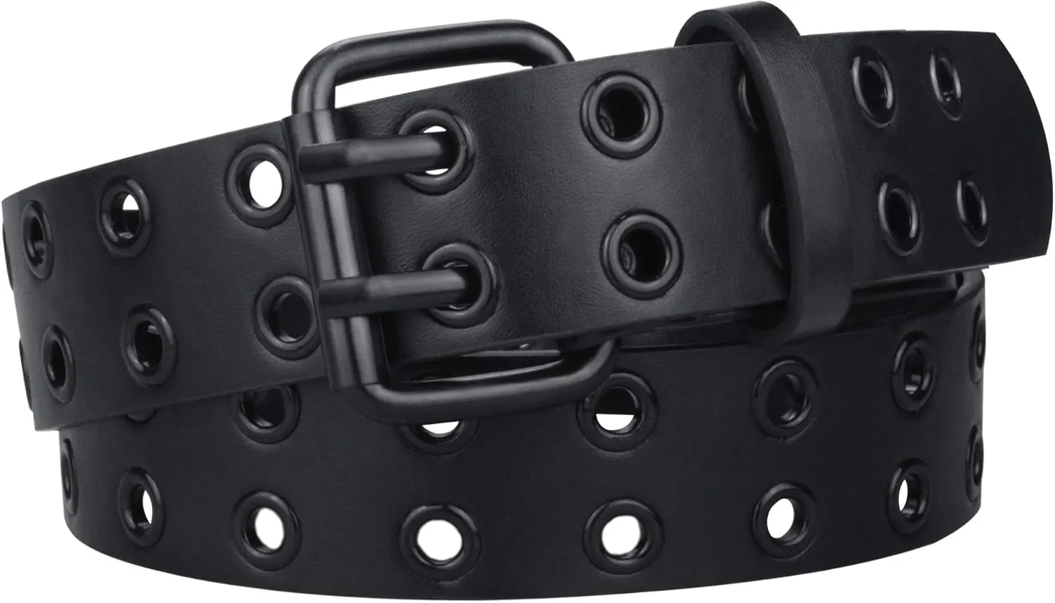 Grommet Leather Belts for Women, Black Belt Women Men with Double Holes