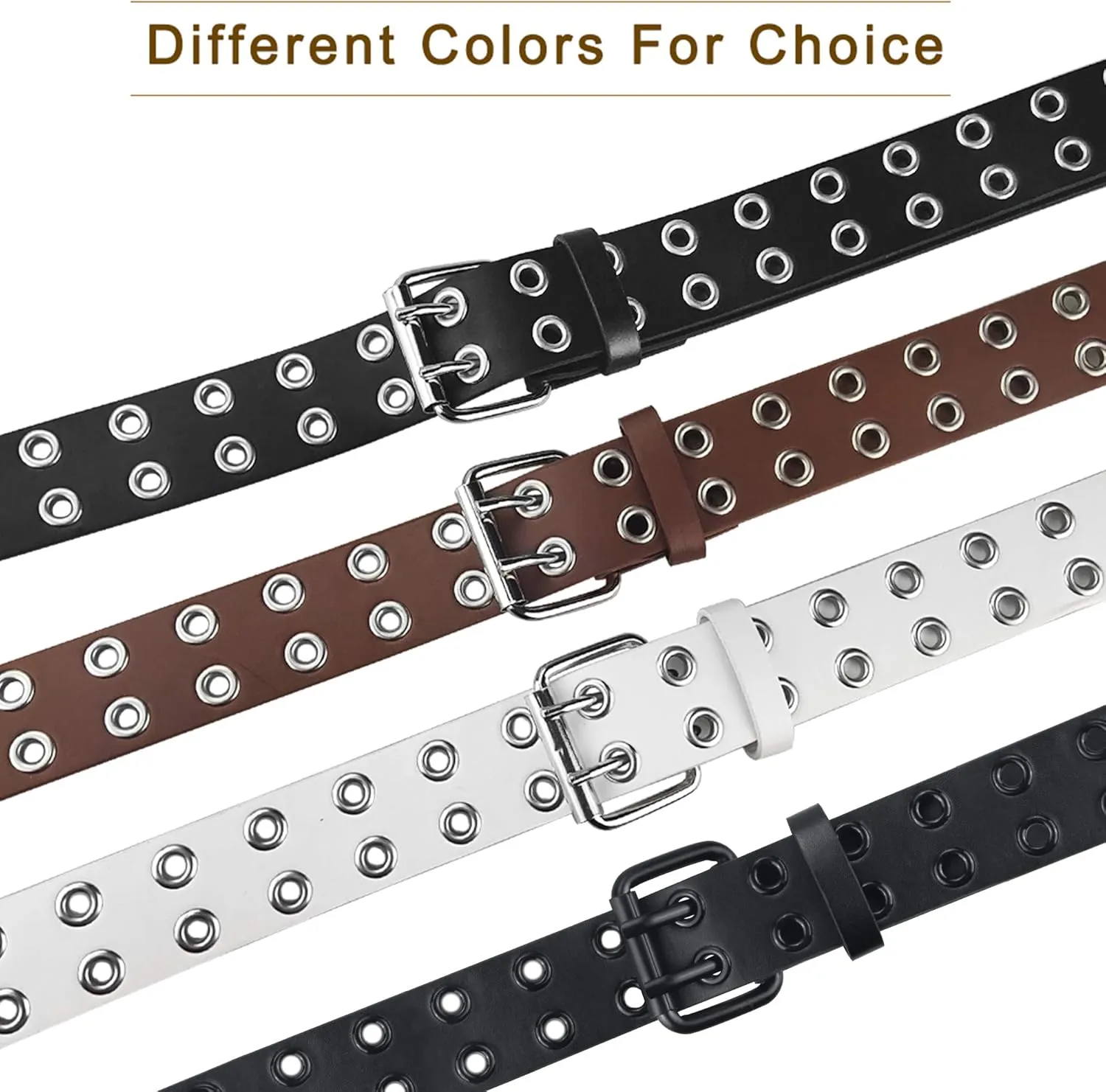Grommet Leather Belts for Women, Black Belt Women Men with Double Holes