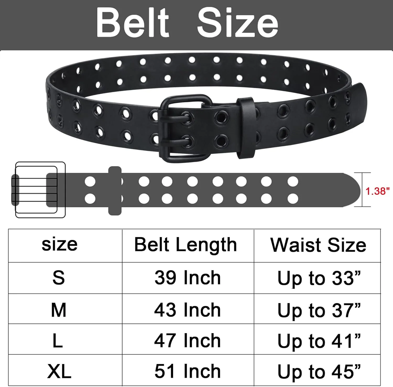 Grommet Leather Belts for Women, Black Belt Women Men with Double Holes