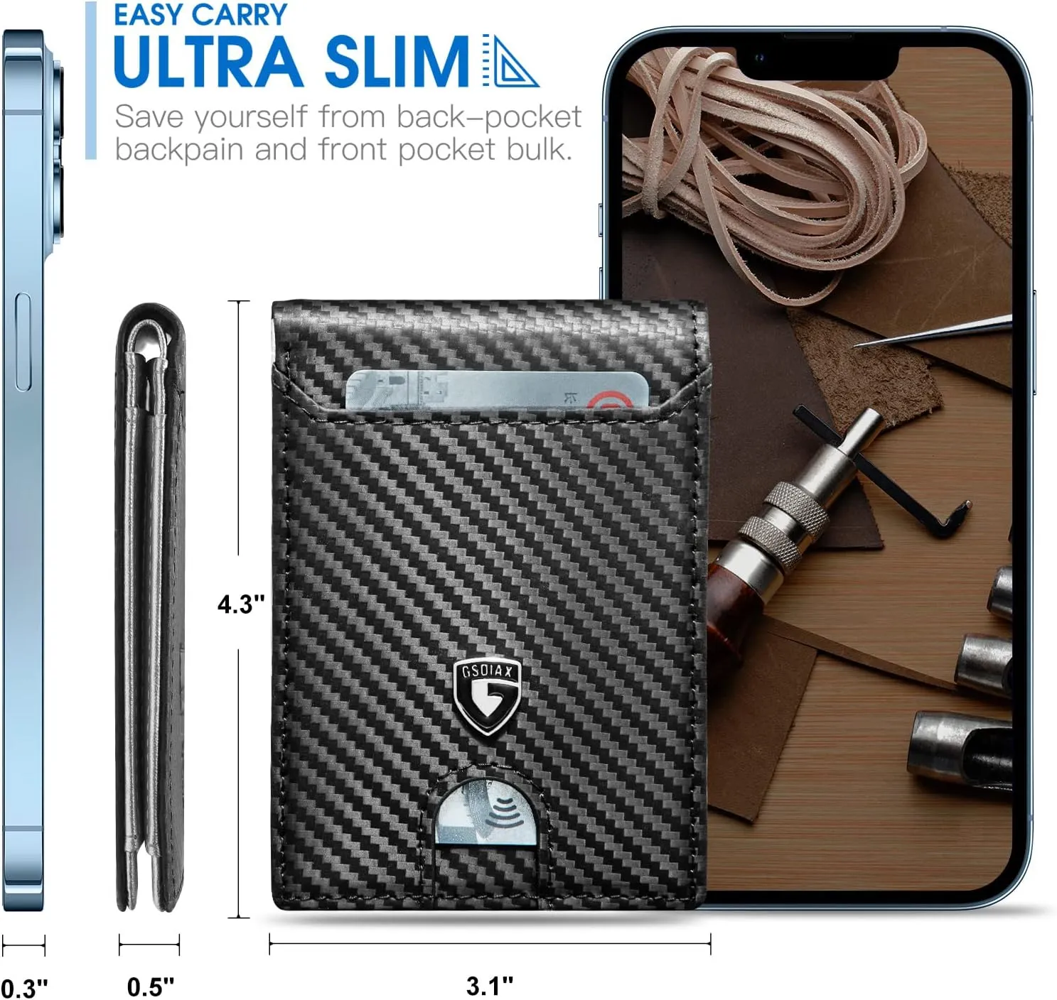 GSOIAX Mens Slim Wallet RFID Blocking Bifold wallets for men Minimalist Genuine Leather Carbon Fiber Card Holder Money Clip Thin Mens with Gift Box (Carbon Fiber and Sliver)