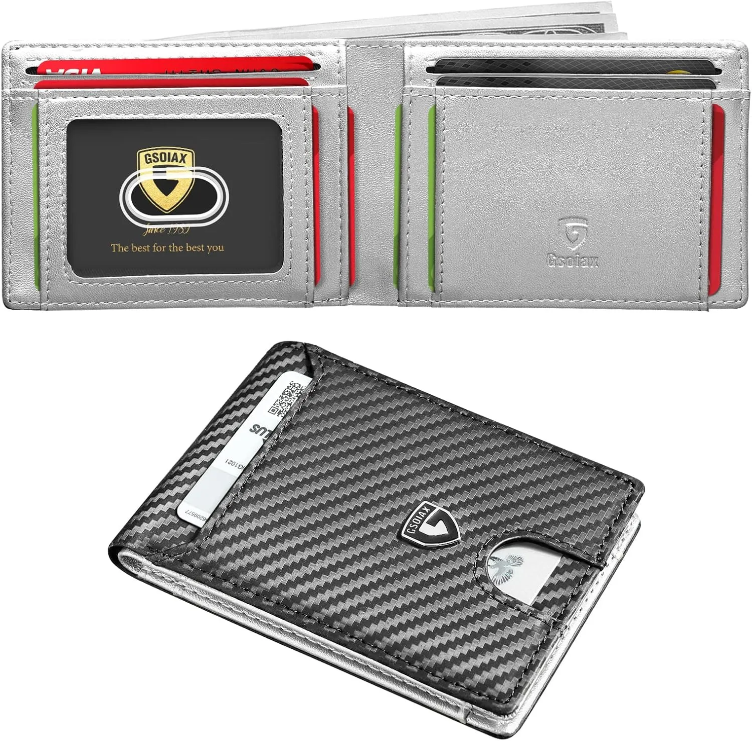 GSOIAX Mens Slim Wallet RFID Blocking Bifold wallets for men Minimalist Genuine Leather Carbon Fiber Card Holder Money Clip Thin Mens with Gift Box (Carbon Fiber and Sliver)