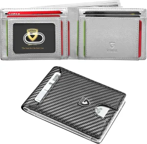 GSOIAX Mens Slim Wallet RFID Blocking Bifold wallets for men Minimalist Genuine Leather Carbon Fiber Card Holder Money Clip Thin Mens with Gift Box (Carbon Fiber and Sliver)