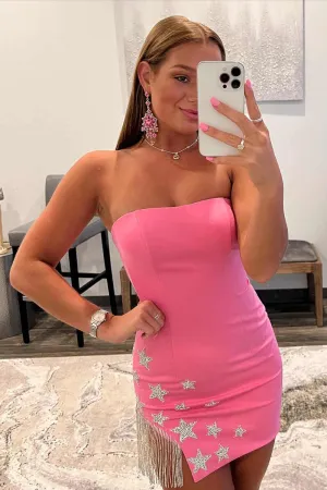 Hot Pink Strapless Beaded Stars Short Tight Homecoming Dress VK23092011