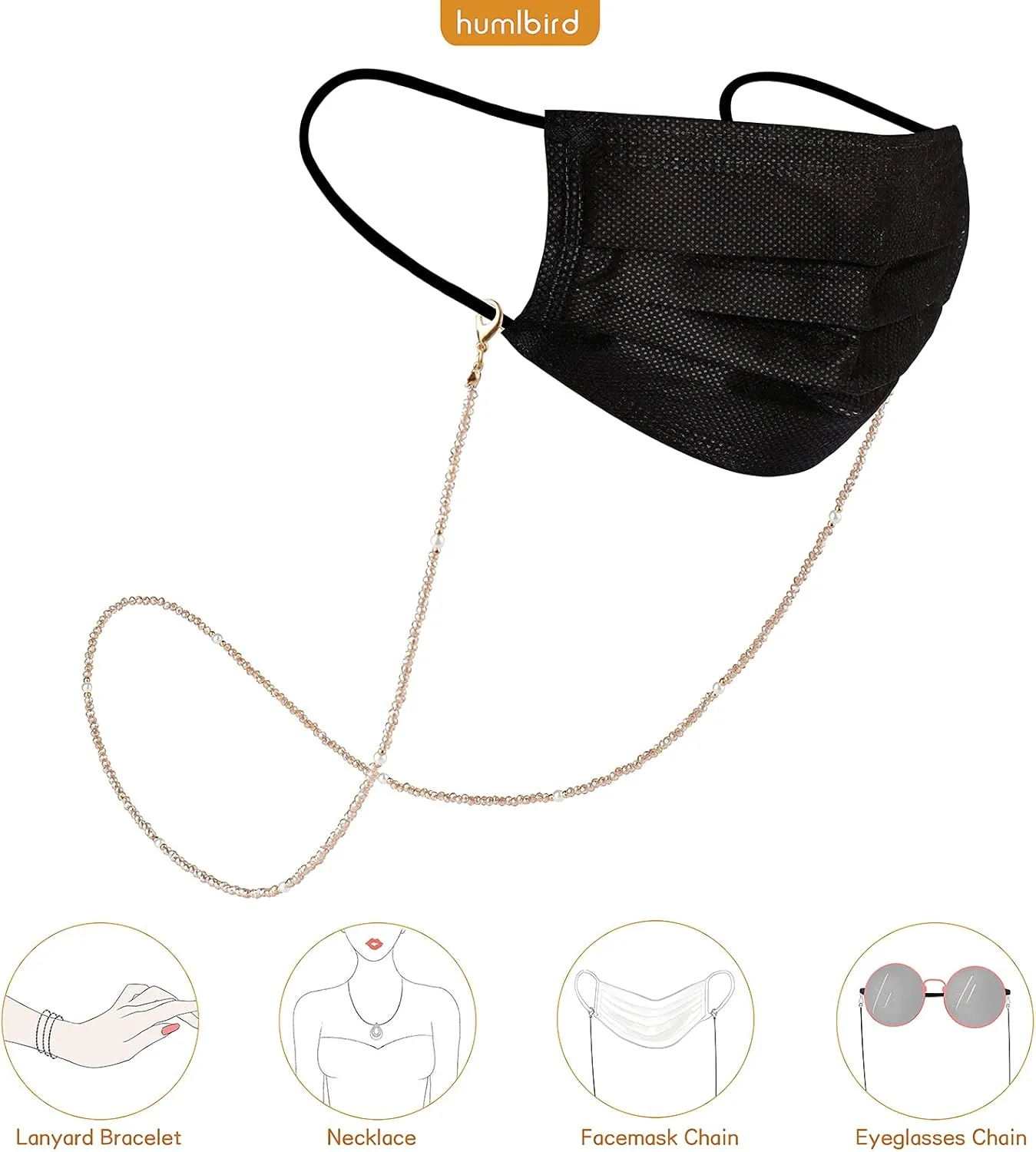humlbird Mask Lanyard Eyeglasses Chain Healing Crystal Beaded Sunglasses Chains with Pearl for Women