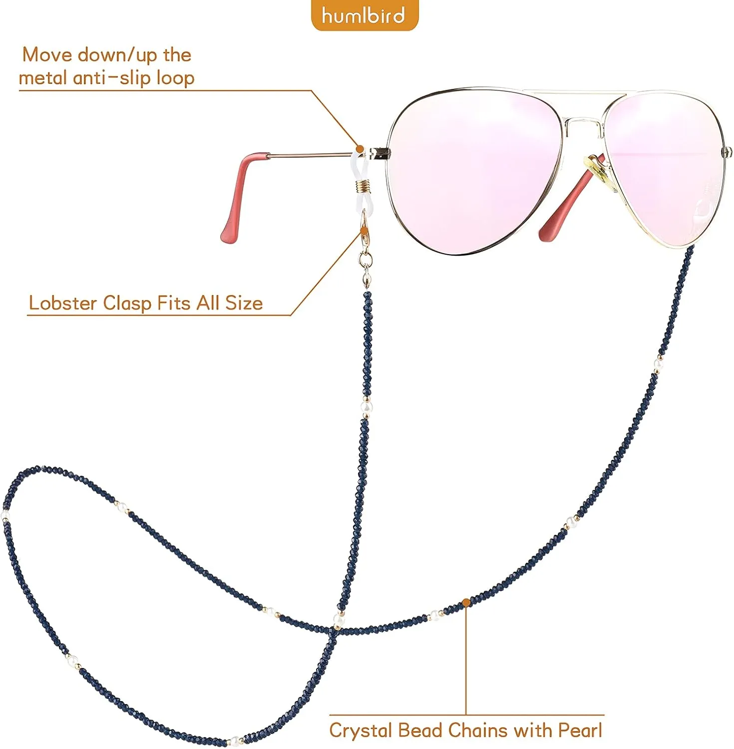 humlbird Mask Lanyard Eyeglasses Chain Healing Crystal Beaded Sunglasses Chains with Pearl for Women