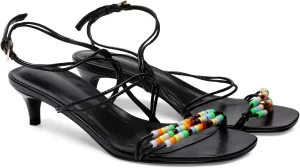 Kitten Heel Sandals for Women Ankle Strap Strappy Beaded Peral Mid Heel Round Open Toe Casual Vacation Beach Daily Shoes