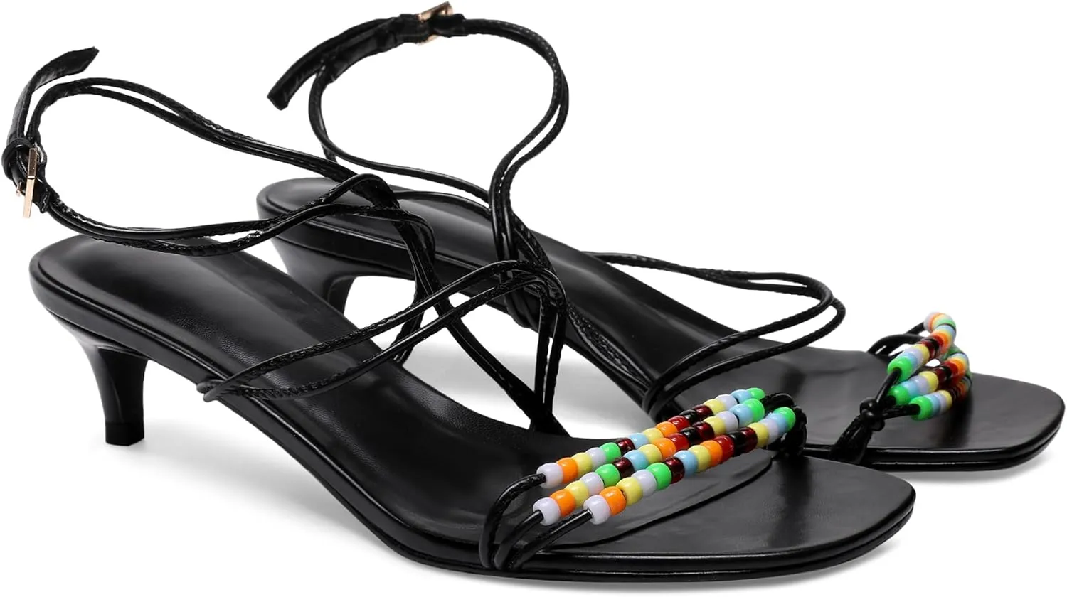 Kitten Heel Sandals for Women Ankle Strap Strappy Beaded Peral Mid Heel Round Open Toe Casual Vacation Beach Daily Shoes