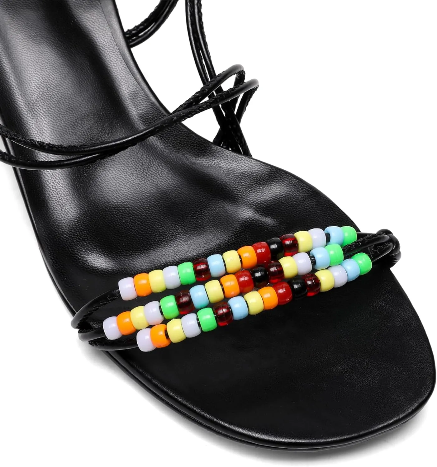 Kitten Heel Sandals for Women Ankle Strap Strappy Beaded Peral Mid Heel Round Open Toe Casual Vacation Beach Daily Shoes