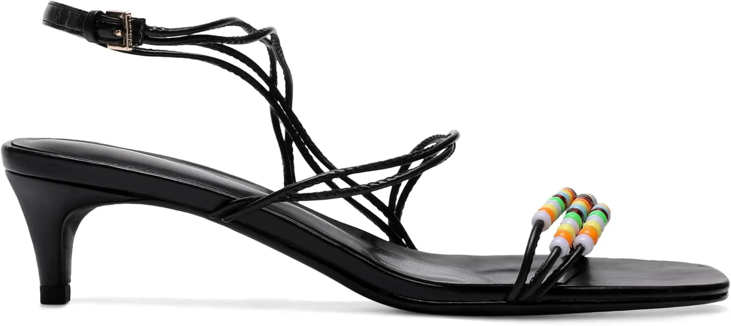 Kitten Heel Sandals for Women Ankle Strap Strappy Beaded Peral Mid Heel Round Open Toe Casual Vacation Beach Daily Shoes