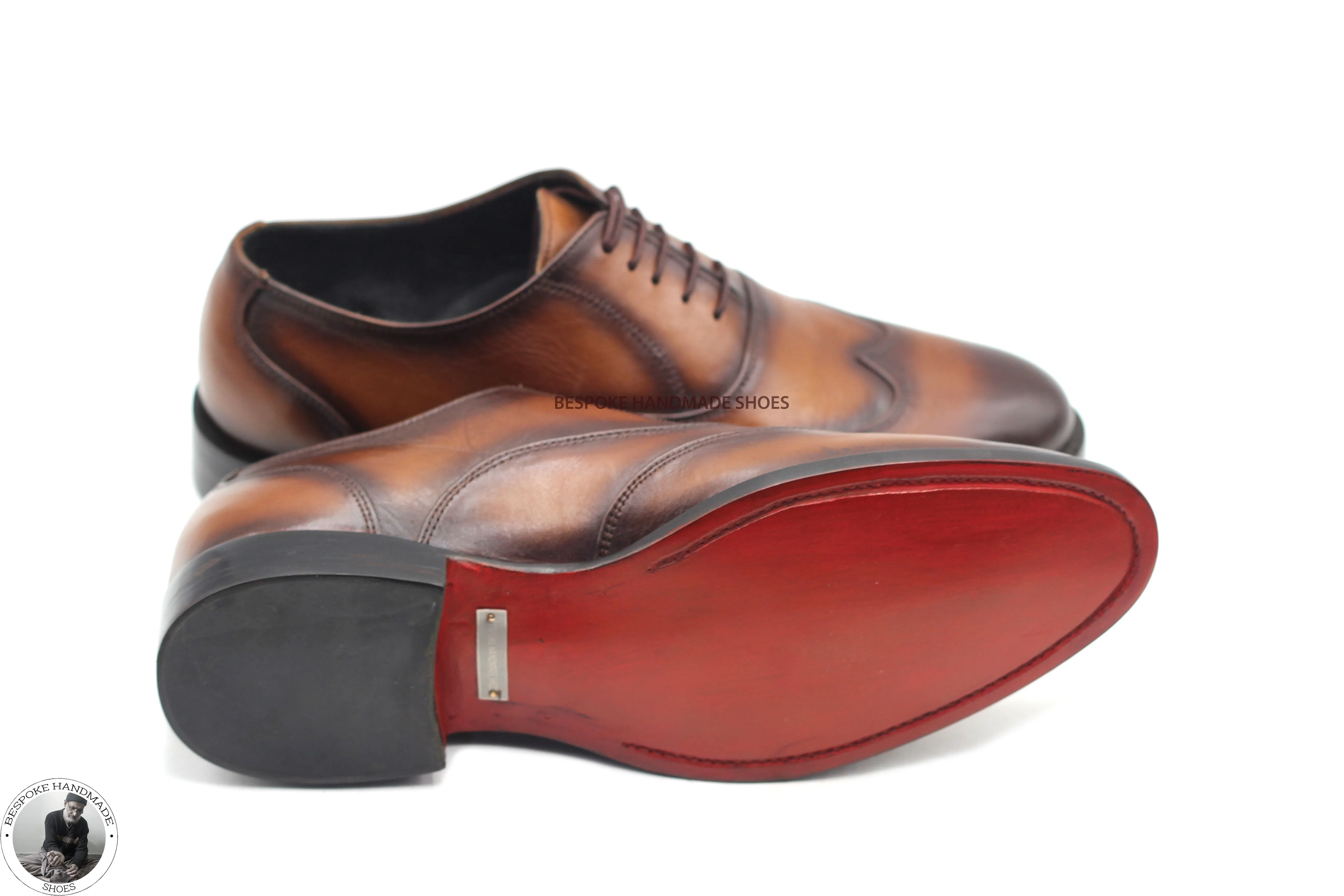 Made to Measure Handmade Brown Leather Black Shaded Oxford Wingtip Lace up Dress Shoes