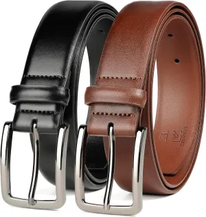MILORDE Men's Leather Dress Belt 2Pack, Handmade, Genuine Leather, Fashion & Classic Designs for Work Business and Casual