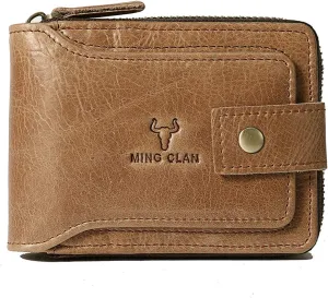 MING CLAN Men's Zipper Wallet, Tobacco Leather, RFID Blocking, Big Capacity, Flap ID Window, 12 Credit Card Slots, 2 Bill Compartments, 2 Vertical Pockets