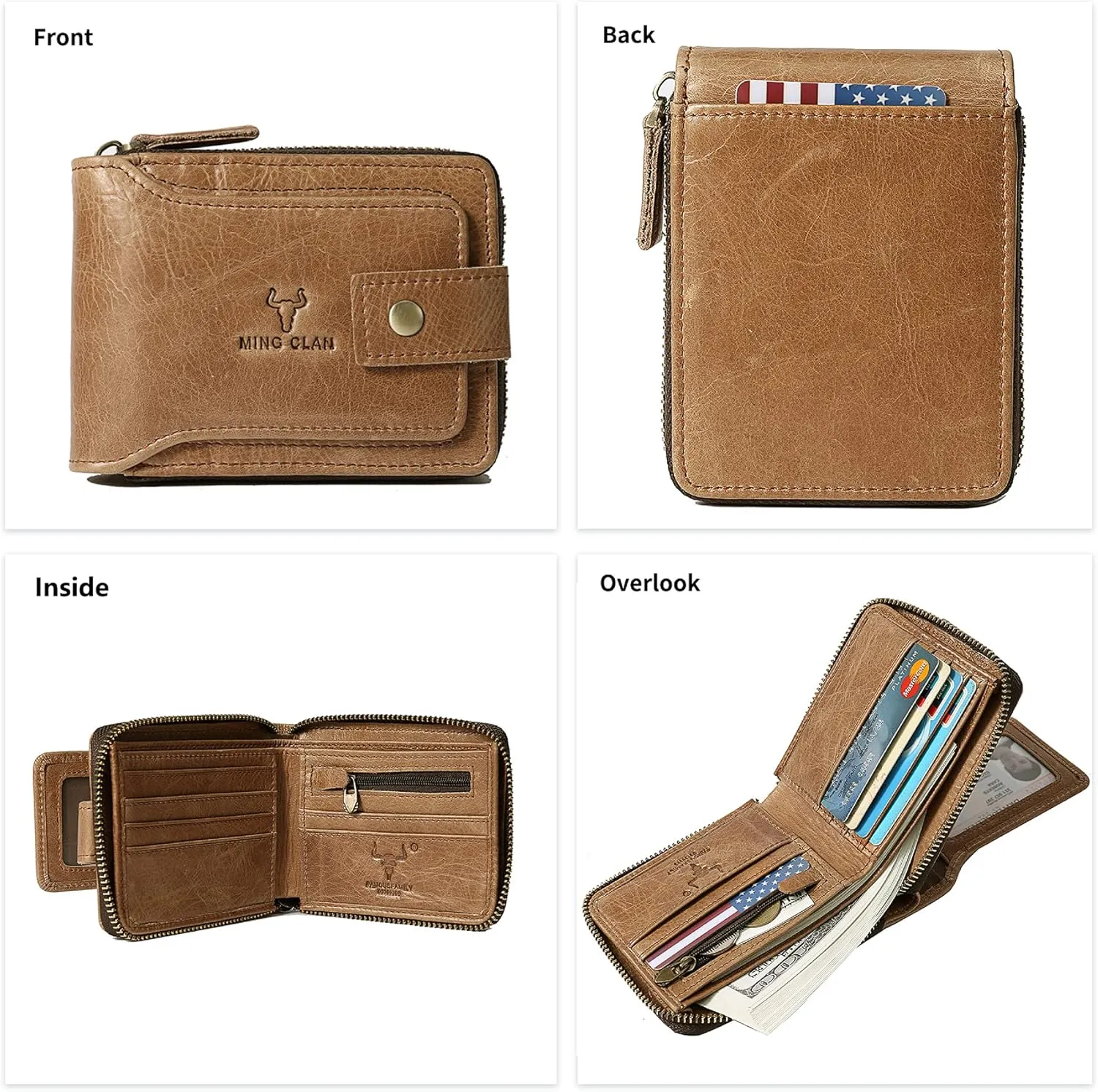 MING CLAN Men's Zipper Wallet, Tobacco Leather, RFID Blocking, Big Capacity, Flap ID Window, 12 Credit Card Slots, 2 Bill Compartments, 2 Vertical Pockets