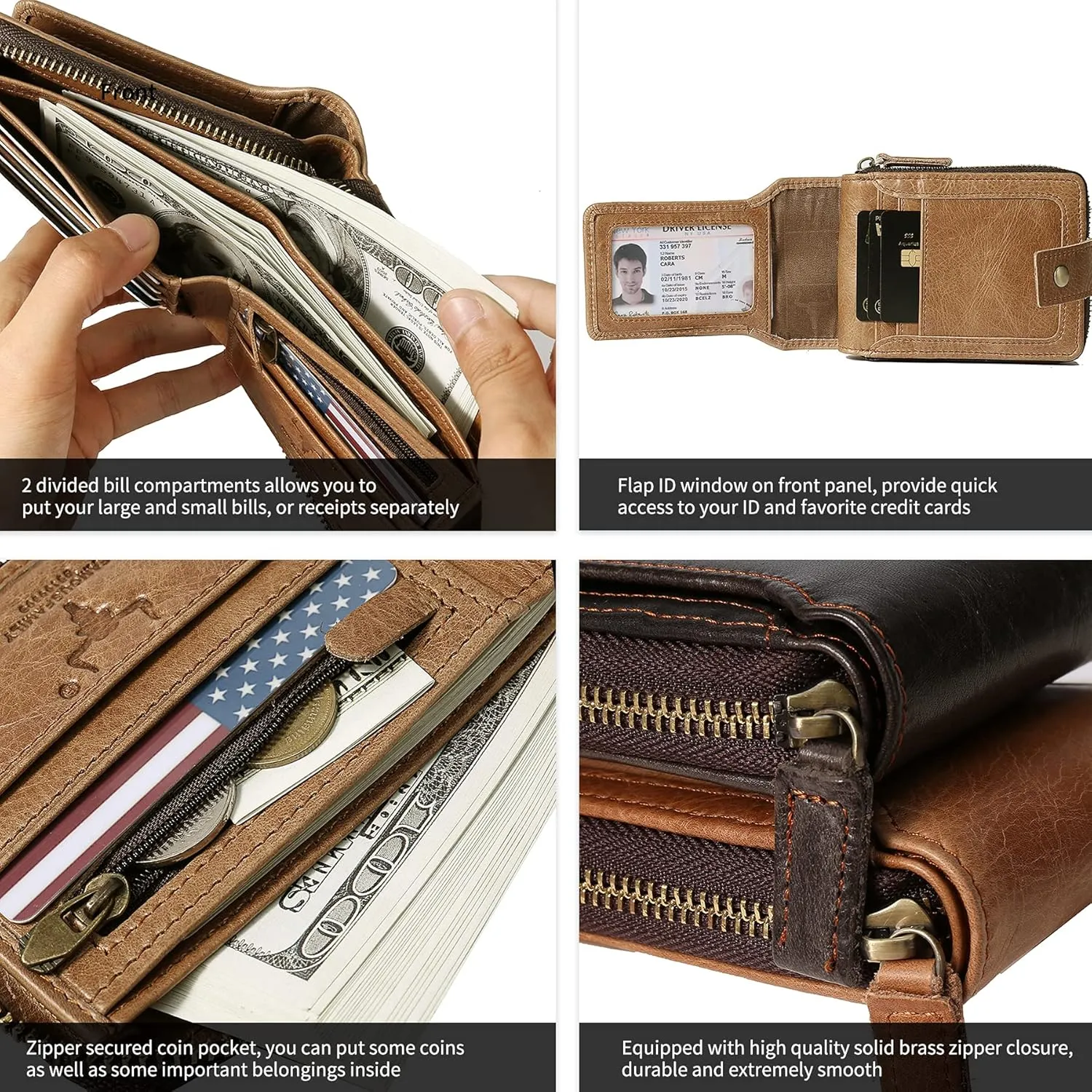 MING CLAN Men's Zipper Wallet, Tobacco Leather, RFID Blocking, Big Capacity, Flap ID Window, 12 Credit Card Slots, 2 Bill Compartments, 2 Vertical Pockets