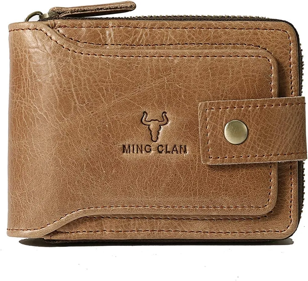 MING CLAN Men's Zipper Wallet, Tobacco Leather, RFID Blocking, Big Capacity, Flap ID Window, 12 Credit Card Slots, 2 Bill Compartments, 2 Vertical Pockets
