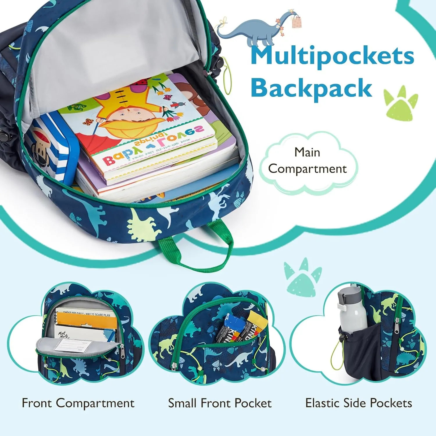 mommore Kids Backpack for Kindergarten Water Resistant Preschool Backpack Dinosaur Boys Bookbag Age 3-6