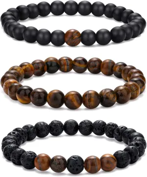 RANKEEF Mens Bead Bracelet Set - Adjustable Elastic Rope With 6&8MM Natural Stone Multi-Colored Beads - Tiger Eye Bracelets for Men - Gift