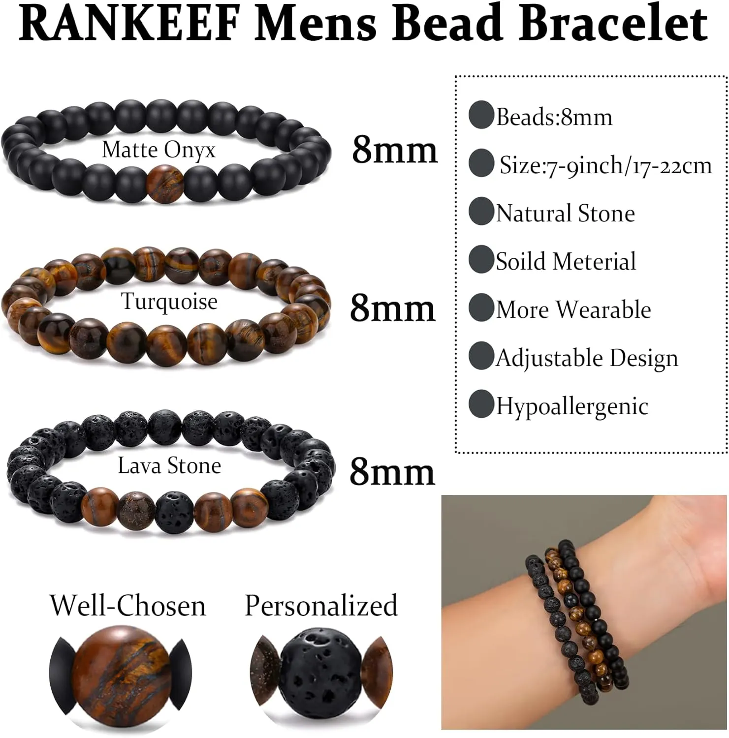 RANKEEF Mens Bead Bracelet Set - Adjustable Elastic Rope With 6&8MM Natural Stone Multi-Colored Beads - Tiger Eye Bracelets for Men - Gift