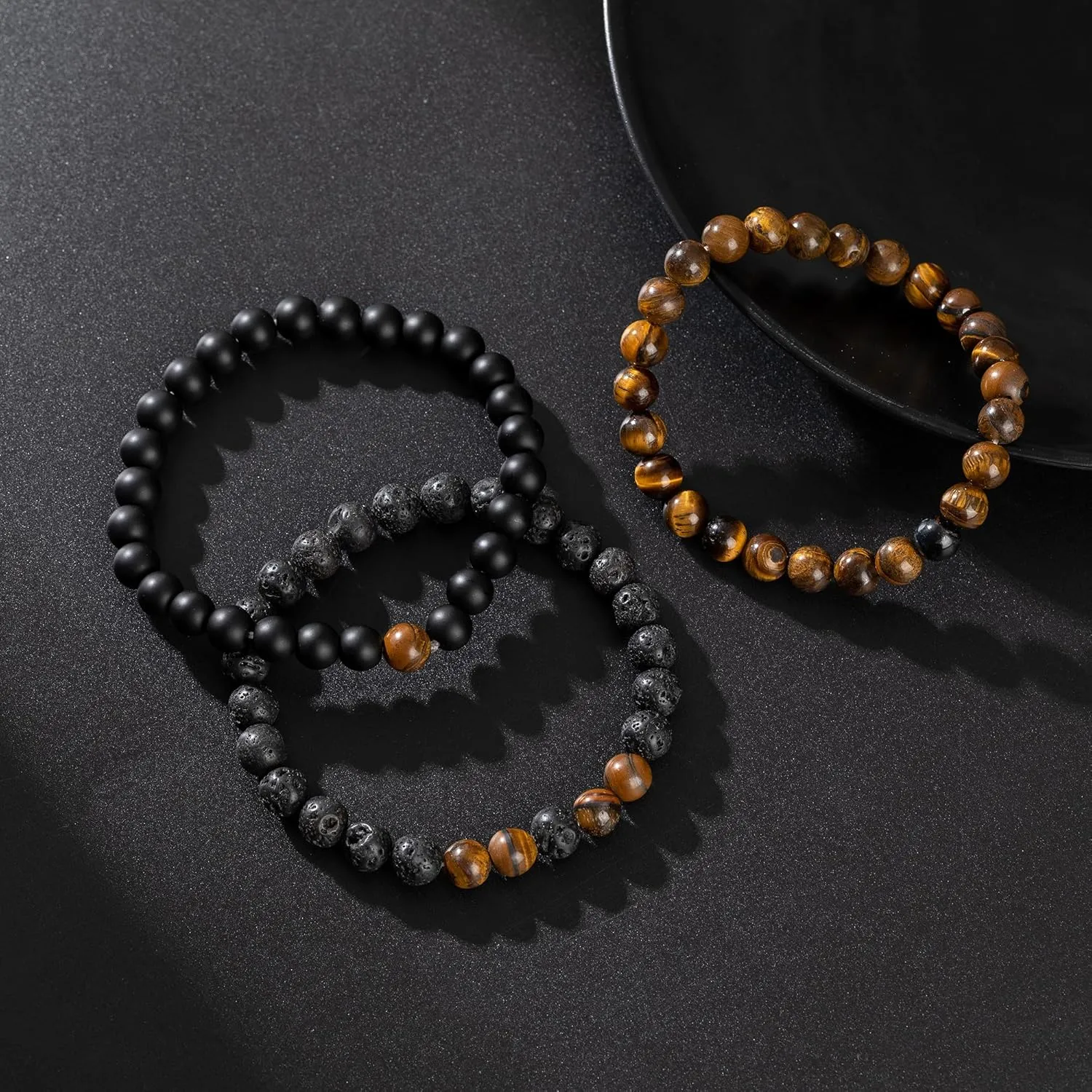 RANKEEF Mens Bead Bracelet Set - Adjustable Elastic Rope With 6&8MM Natural Stone Multi-Colored Beads - Tiger Eye Bracelets for Men - Gift