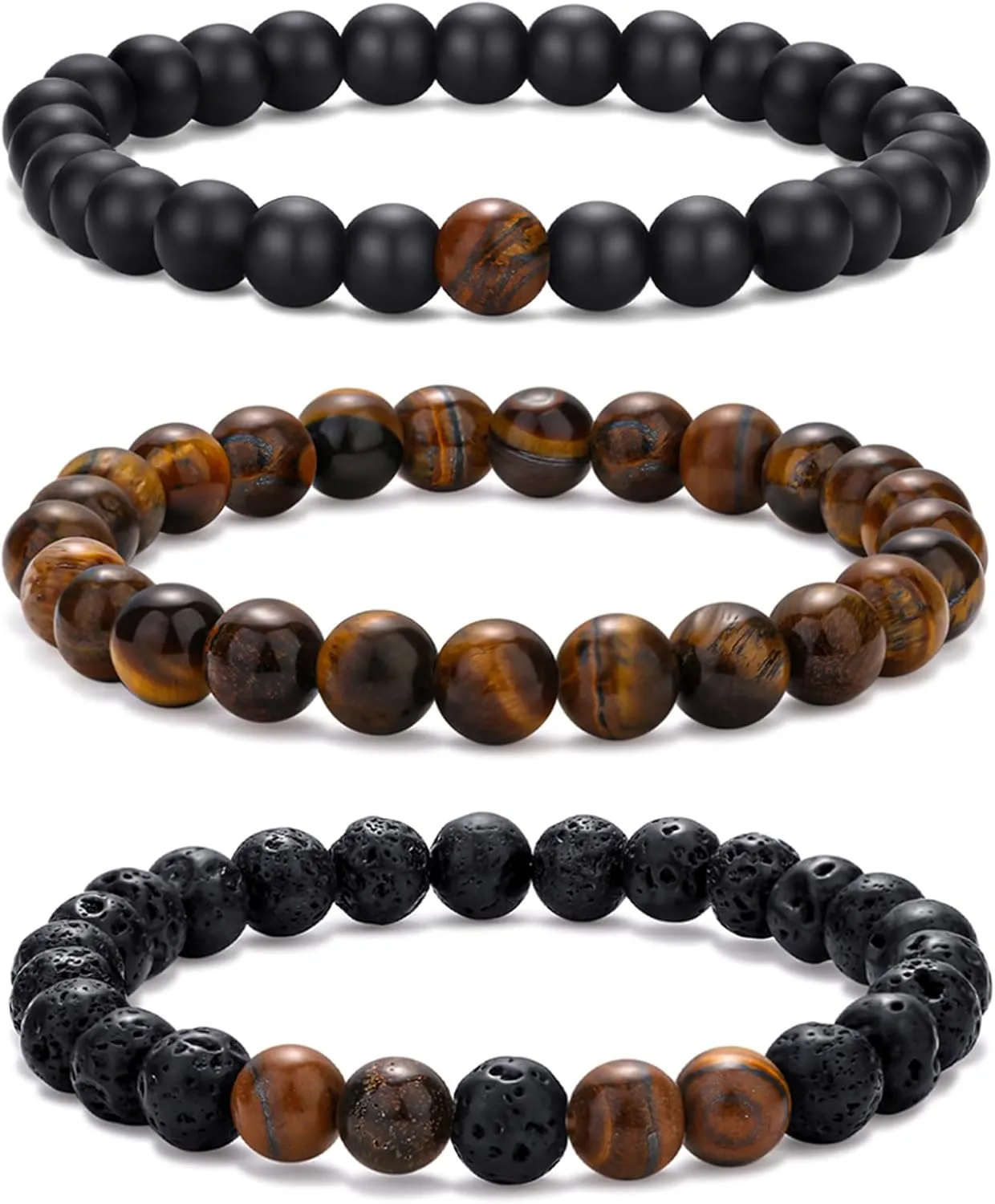 RANKEEF Mens Bead Bracelet Set - Adjustable Elastic Rope With 6&8MM Natural Stone Multi-Colored Beads - Tiger Eye Bracelets for Men - Gift