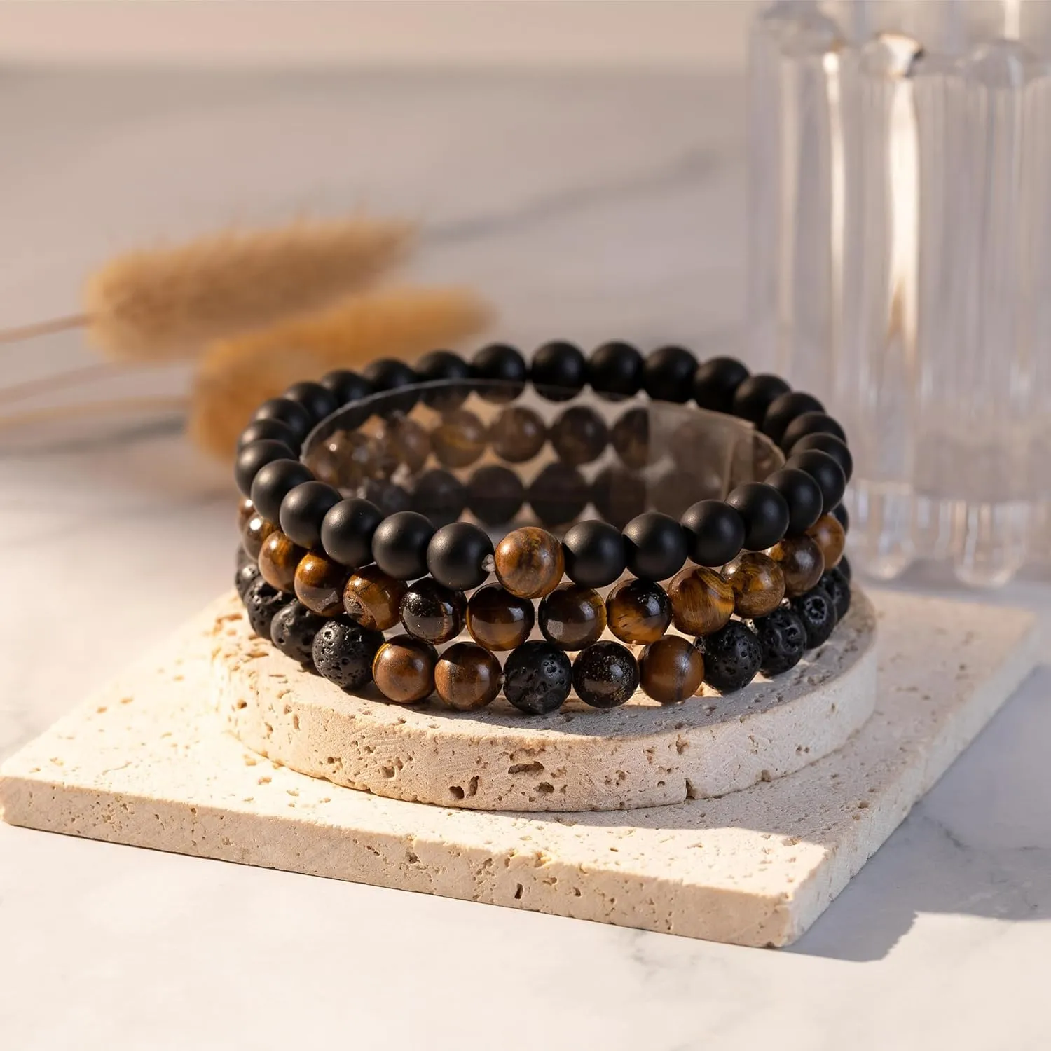 RANKEEF Mens Bead Bracelet Set - Adjustable Elastic Rope With 6&8MM Natural Stone Multi-Colored Beads - Tiger Eye Bracelets for Men - Gift