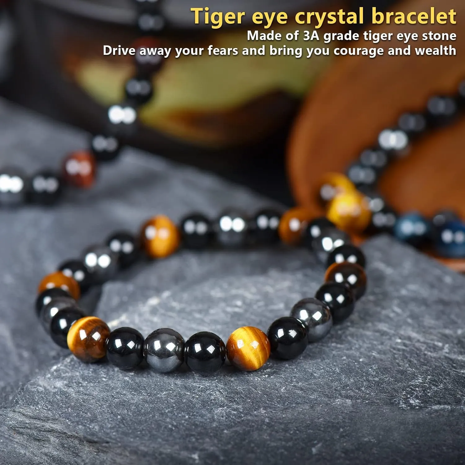 SAMXY Triple Protection Bracelet, 8mm Healing Crystal Bead Bracelet, 3pcs Blue Red Tiger's Eye Obsidian Hematite Bracelet Women Men