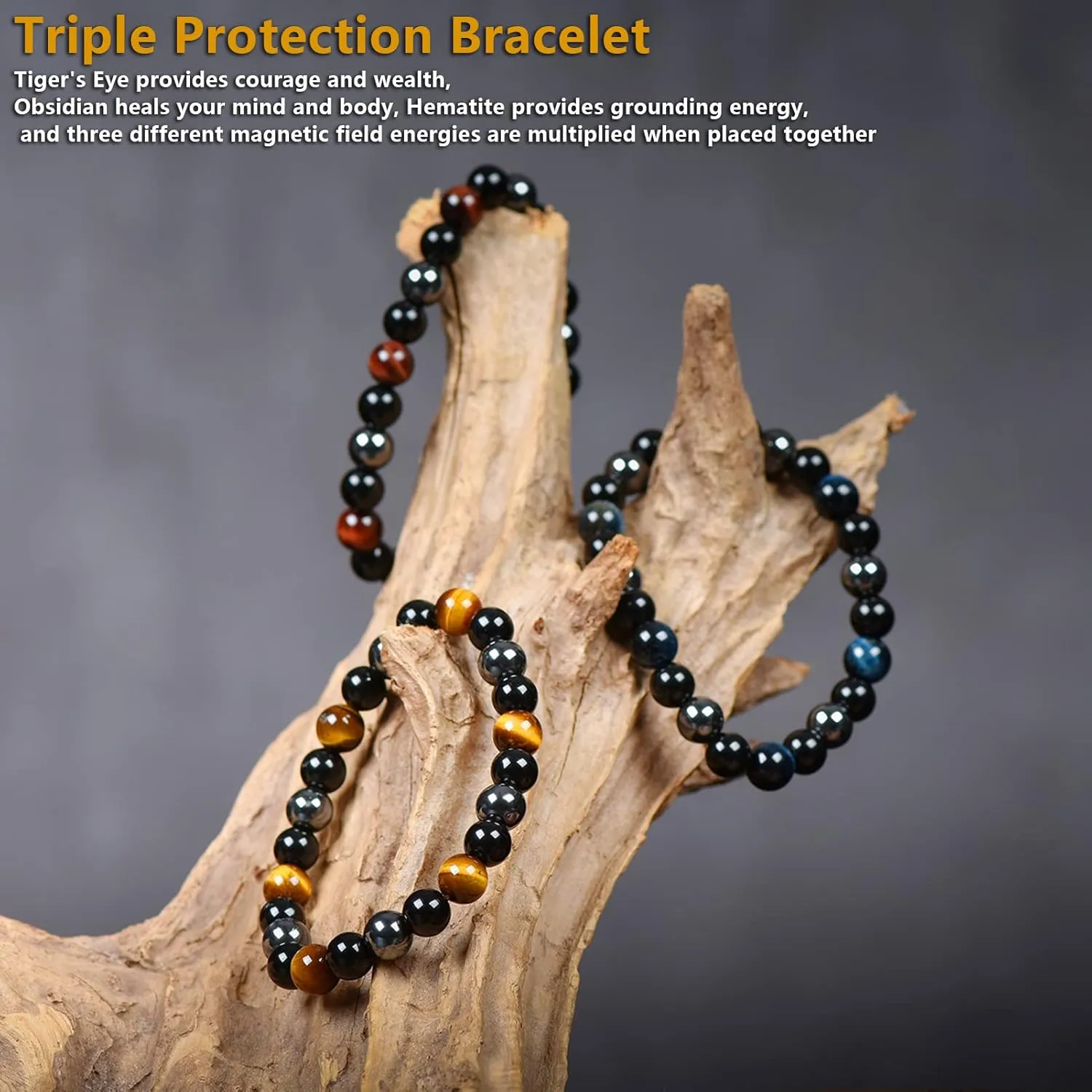 SAMXY Triple Protection Bracelet, 8mm Healing Crystal Bead Bracelet, 3pcs Blue Red Tiger's Eye Obsidian Hematite Bracelet Women Men
