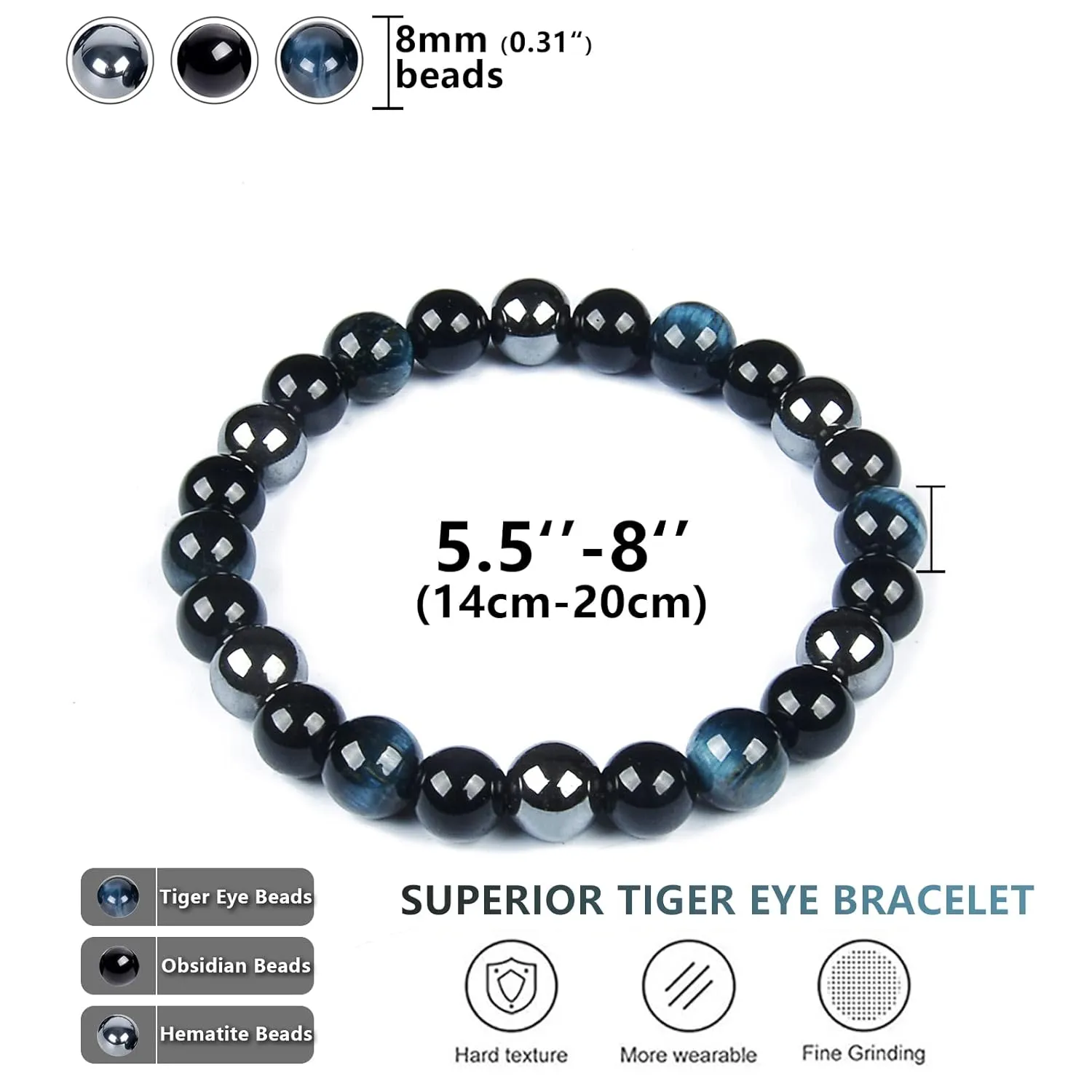 SAMXY Triple Protection Bracelet, 8mm Healing Crystal Bead Bracelet, 3pcs Blue Red Tiger's Eye Obsidian Hematite Bracelet Women Men