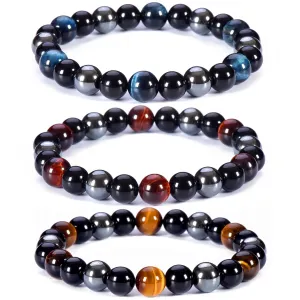 SAMXY Triple Protection Bracelet, 8mm Healing Crystal Bead Bracelet, 3pcs Blue Red Tiger's Eye Obsidian Hematite Bracelet Women Men