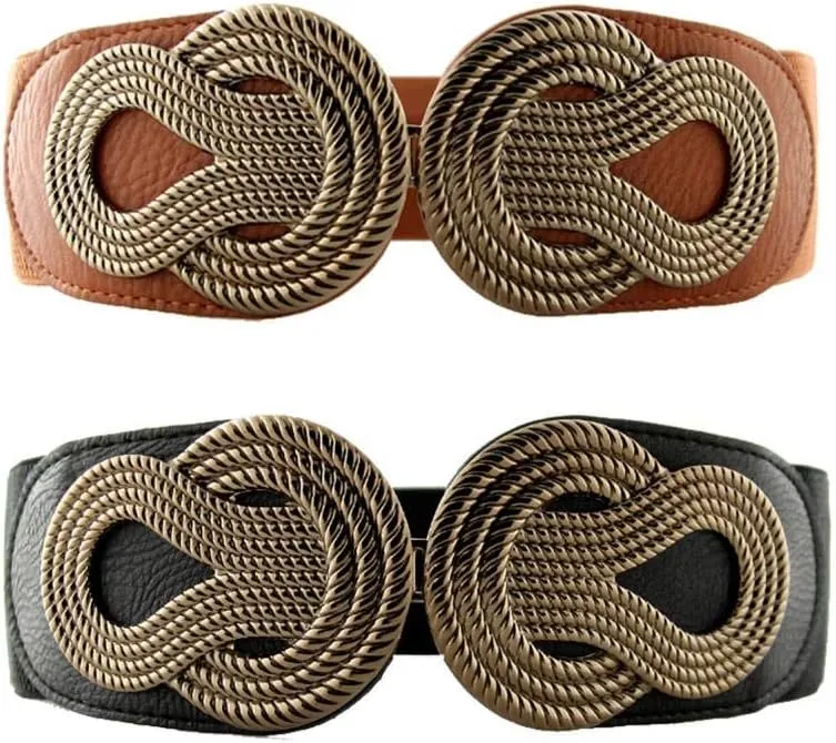 VOCHIC 2pcs Vintage Basic Stretchy Elastic Wide Waist Belt for Womens Dress Metal Interlock Buckle