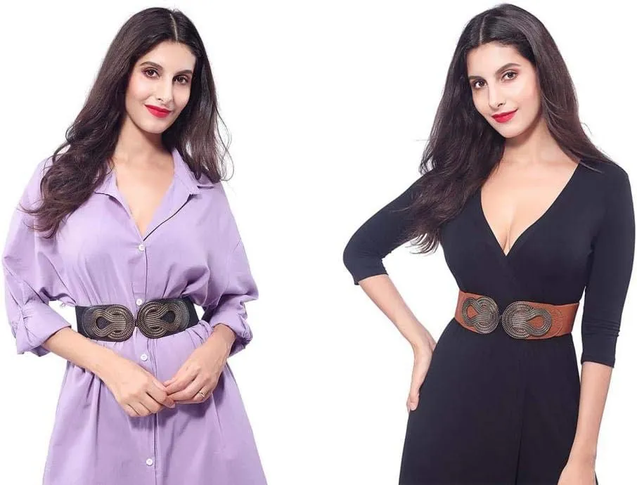 VOCHIC 2pcs Vintage Basic Stretchy Elastic Wide Waist Belt for Womens Dress Metal Interlock Buckle