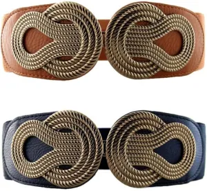VOCHIC 2pcs Vintage Basic Stretchy Elastic Wide Waist Belt for Womens Dress Metal Interlock Buckle