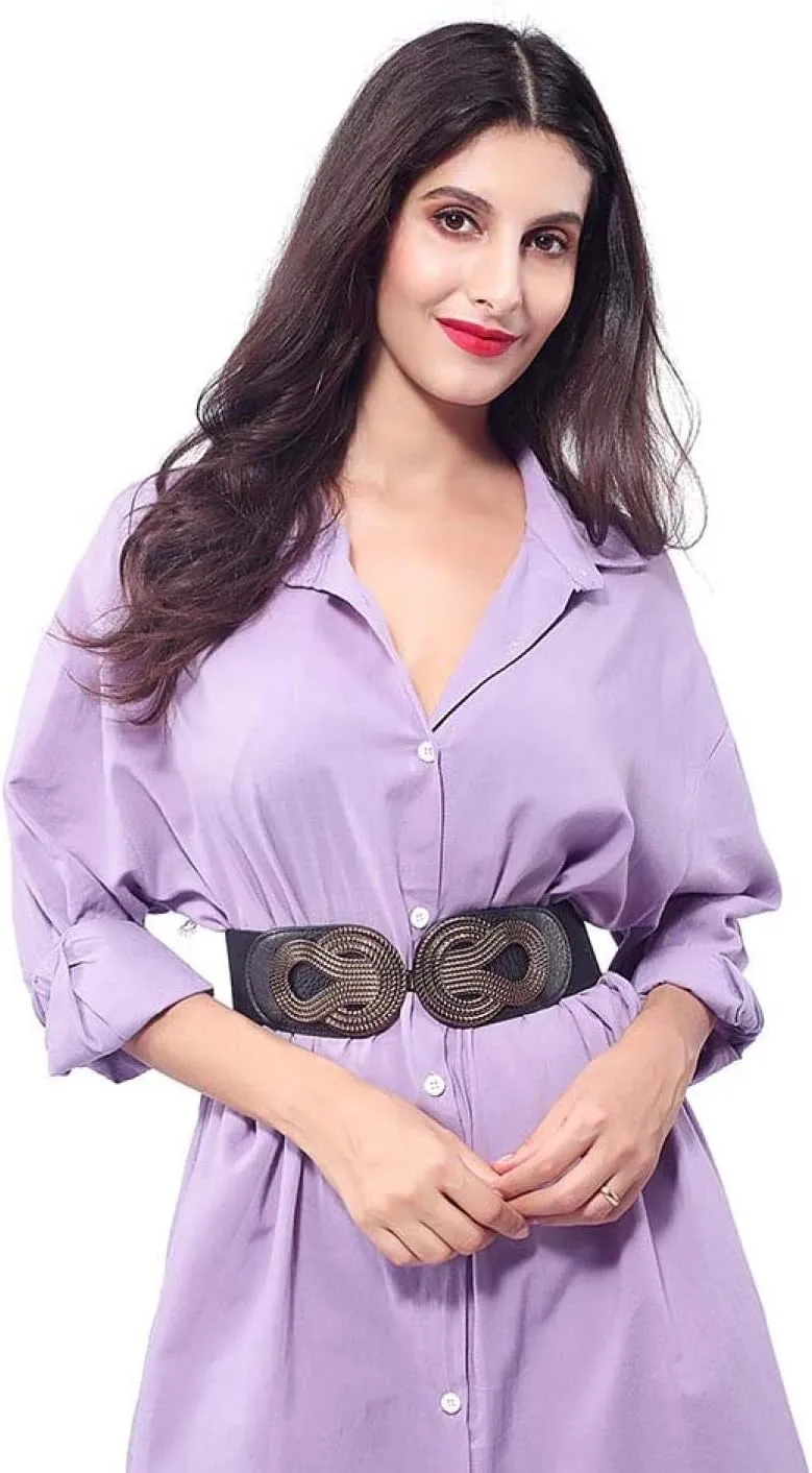 VOCHIC 2pcs Vintage Basic Stretchy Elastic Wide Waist Belt for Womens Dress Metal Interlock Buckle