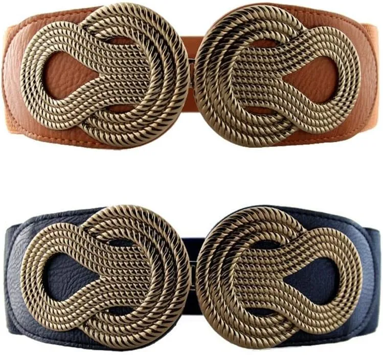 VOCHIC 2pcs Vintage Basic Stretchy Elastic Wide Waist Belt for Womens Dress Metal Interlock Buckle